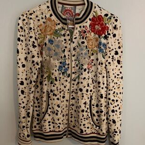 Johnny Was Floral Embroidered Cream Bomber Jacket